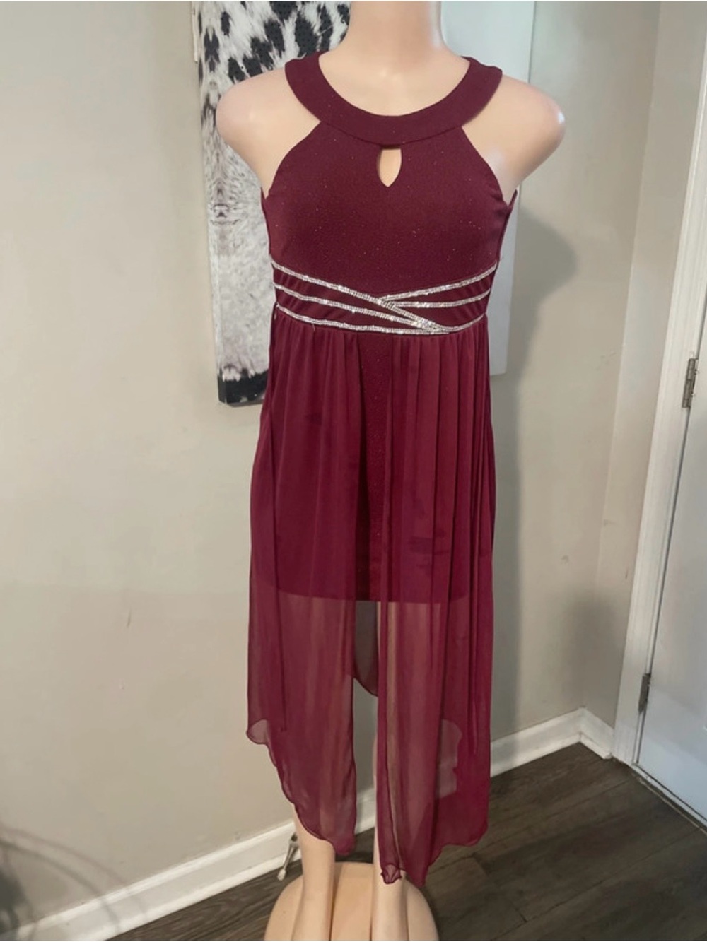 High-Low Burgundy Evening Dress with Silver Glitter Waistband